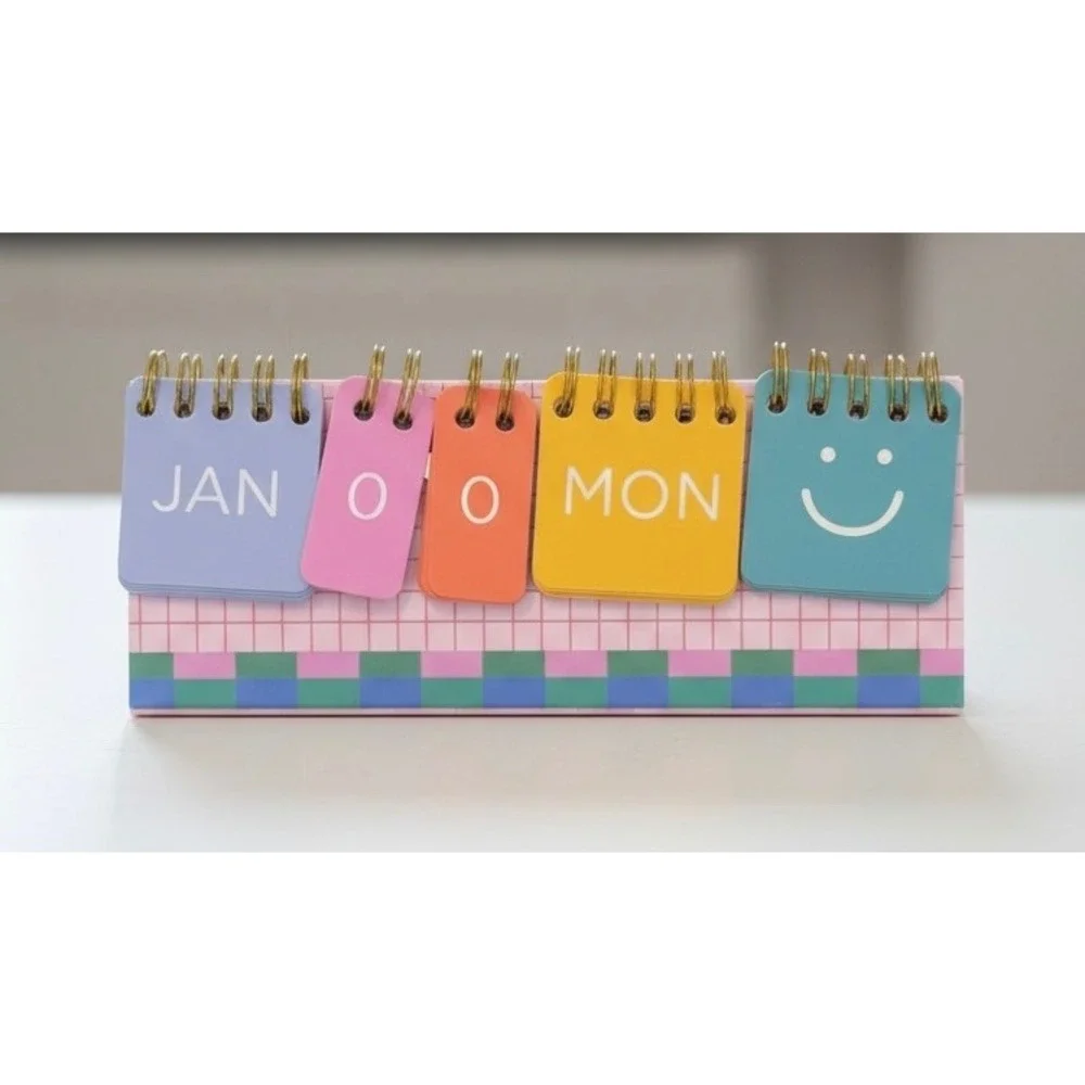 Jot Perpetual Flip Calendar Desktop Reusable Colorful Smiley Face Pink Grid